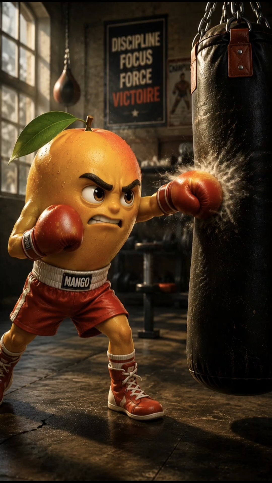 Exemple de création IA : personnage fruit en boxe